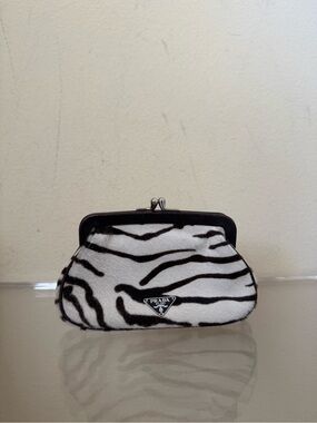 Prada Zebra Print Pony Hair Coin Purse Bag White Brown